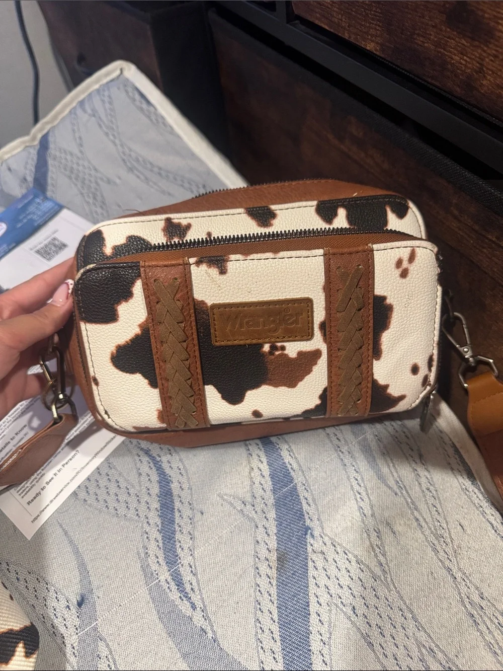 Wrangler Brown and White Cowhide-Print Messenger Bag